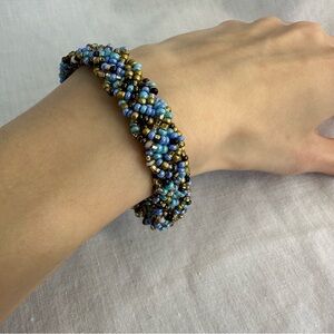 Beaded Twist Bracelet with a Magnetic Clasp- Blue, Gold, Black